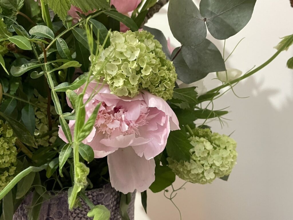 Composition florale avec pivoine française rose et viburnum réalisée par Yann artisan fleuriste créatif près de la rue Saint-Maur, rue de la Roquette et place Voltaire à Paris 11 avec livraison dans tout Paris.