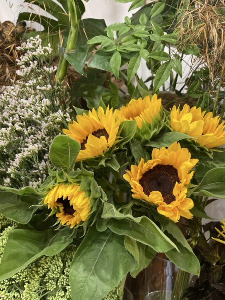 Bouquet de tournesols de saison aux couleurs éclatantes présenté dans la boutique d'un artisan fleuriste rue Pache à Paris 11. Fleurs fraîches et créations florales disponibles en livraison dans tout Paris.