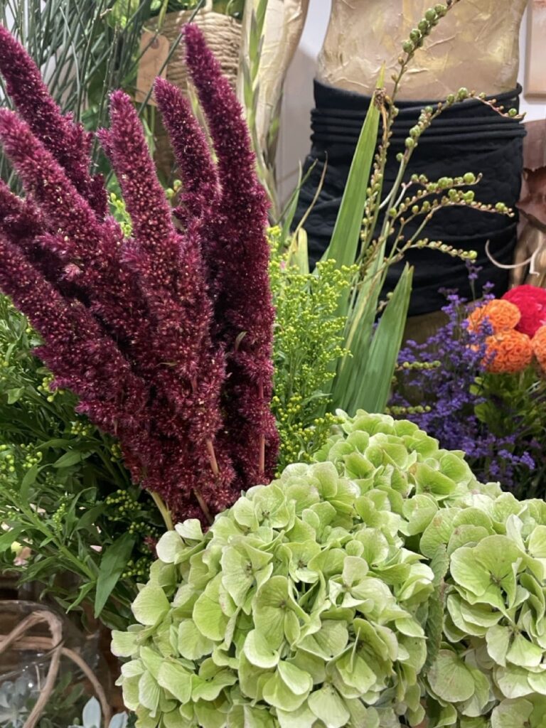 Amarantes pourpres aux épis dressés accompagnées d’hortensias vert tendre et de feuillages, dans la boutique Yann-H2o, artisan fleuriste à Paris 11.